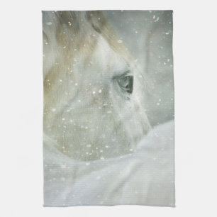 Photo of a Beautiful White Horse in Winter Kitchen Towel