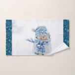 Photo of a Cute Snowman in Winter - Christmas Bath Towel Set<br><div class="desc">Towel set with a cute photograph of a little snowman. Standing outside in the winter with snow falling all around. This cute little guy is dressed up in blue knitted hat and scarf.  Patterned snowflake pattern on the border / background.</div>