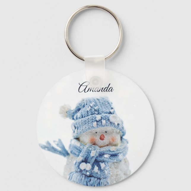 Photo of a Cute Snowman in Winter - Christmas Keychain (Front)