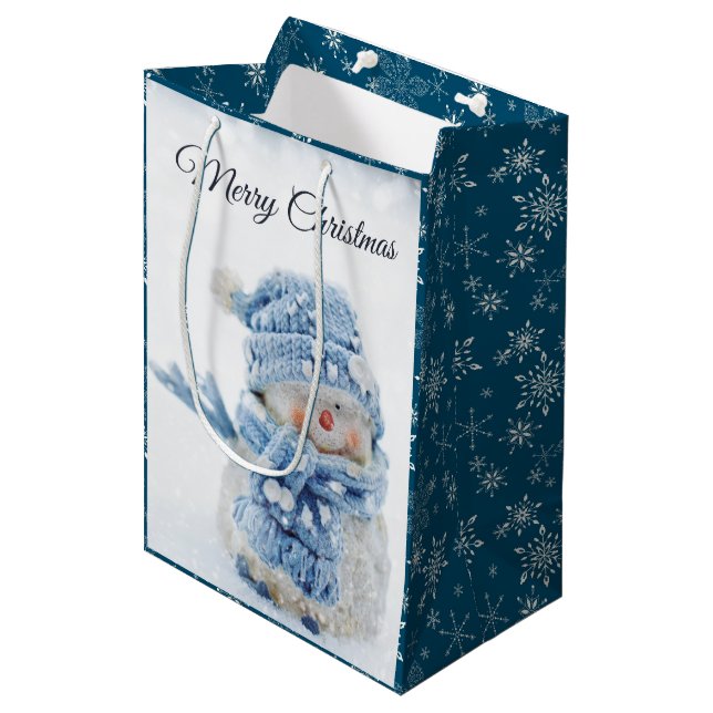 Photo of a Cute Snowman in Winter - Christmas Medium Gift Bag (Front Angled)