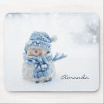 Photo of a Cute Snowman in Winter - Christmas Mouse Pad<br><div class="desc">A mouse pad with a cute photograph of a little snowman. Standing outside in the winter with snow falling all around. This cute little guy is dressed up in blue knitted hat and scarf. Personalize with a name.</div>