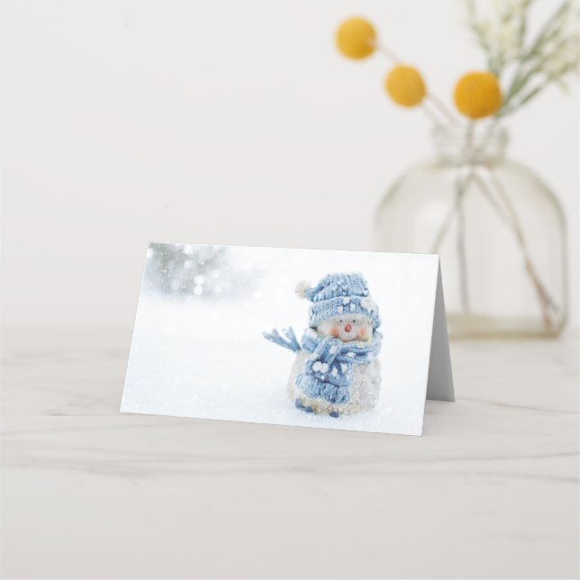 Photo of a Cute Snowman in Winter - Christmas Place Card (Front)