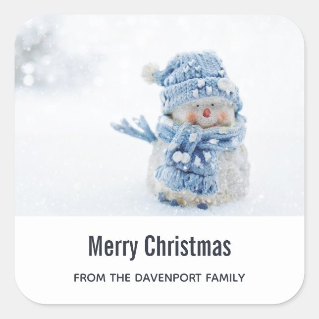 Photo of a Cute Snowman in Winter - Christmas Square Sticker (Front)