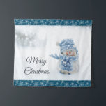 Photo of a Cute Snowman in Winter - Christmas Tapestry<br><div class="desc">Tapestry with a cute photograph of a little snowman. Standing outside in the winter with snow falling all around. This cute little guy is dressed up in blue knitted hat and scarf.</div>