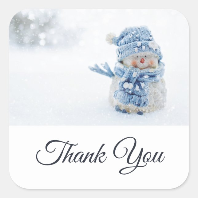 Photo of a Cute Snowman in Winter Thank You Square Sticker (Front)