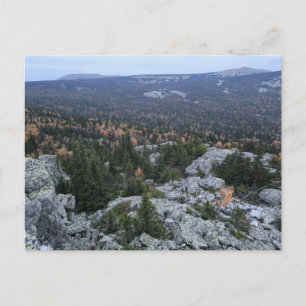 photo of a mountainous autumn forest, mountains, holiday postcard