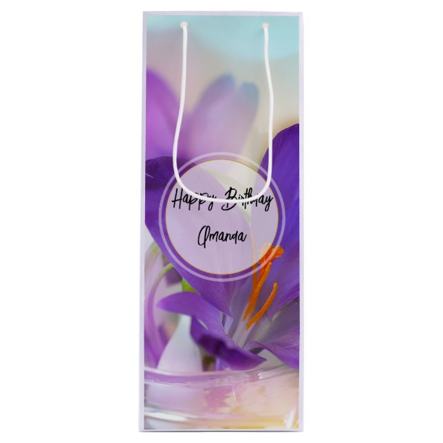 Photo of a Pretty Purple Spring Crocus Birthday Wine Gift Bag (Front)