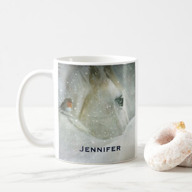 Photo of a White Horse and Bird in Winter Coffee Mug (With Donut)
