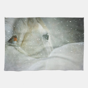 Photo of a White Horse and Bird in Winter Kitchen Towel
