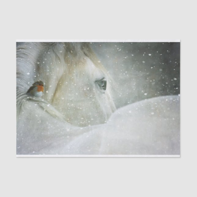 Photo of a White Horse and Bird in Winter Tissue Paper (Front)