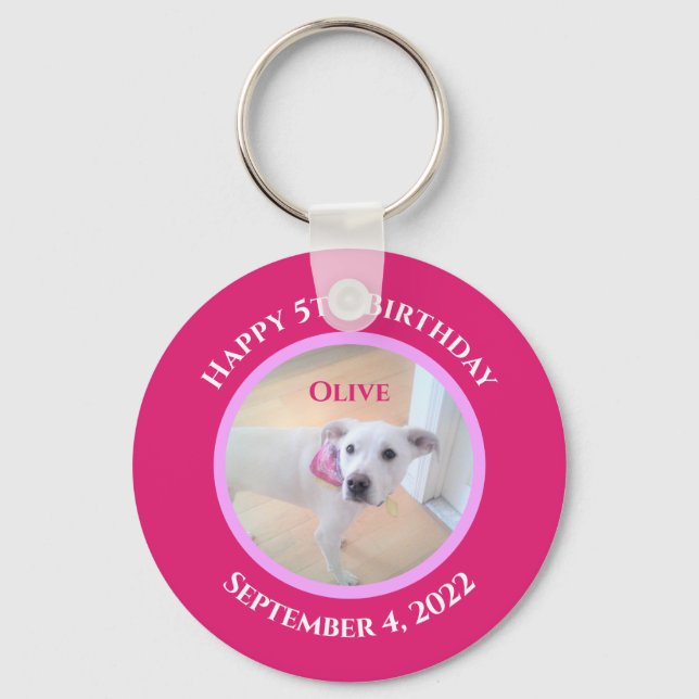 Photo of Adorable Puppy Dog Wearing Hot Pink Scarf Keychain (Front)