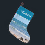 Photo of Blue Ocean Waves Sandy Beach Small Christmas Stocking<br><div class="desc">This beautiful stocking features a lovely photo of the ocean.   Can be customized with name or monogram.</div>