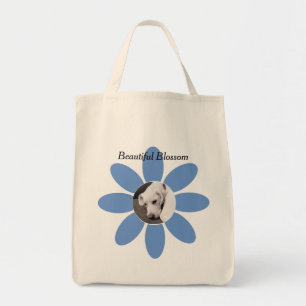 Photo of Cute Dog on Beautiful Blue Blossom Tote Bag