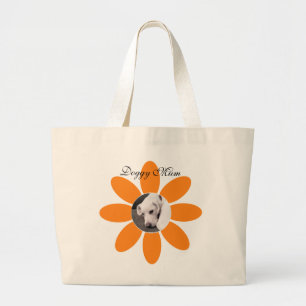 Photo of Cute Dog on Beautiful Orange Flower Large Tote Bag