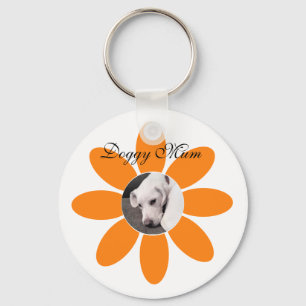 Photo of Cute Puppy Dog in Orange Flower Frame Keychain