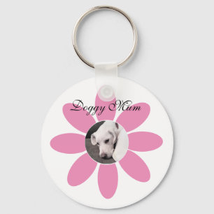 Photo of Cute Puppy Dog in Pink Flower Frame Keychain