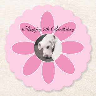 Photo of Cute Puppy Dog in Pink Flower Frame Paper Coaster