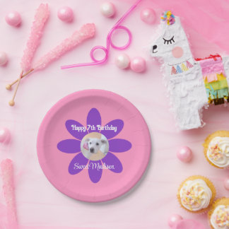 Photo of Cute Puppy Dog in Purple and Pink Flower Paper Plate