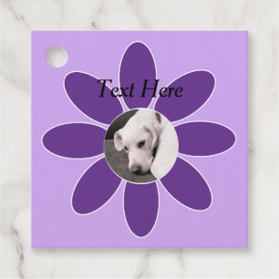 Photo of Cute Puppy Dog in Purple Flower Frame Favour Tags