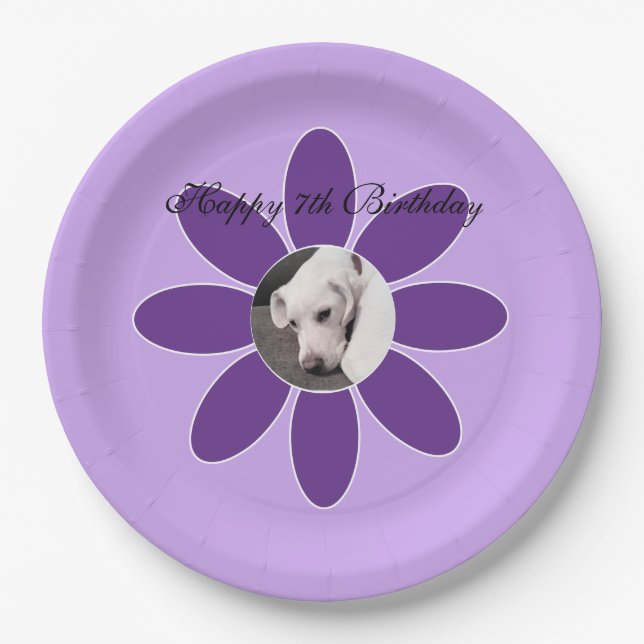 Photo of Cute Puppy Dog in Purple Flower Frame Paper Plate (Front)