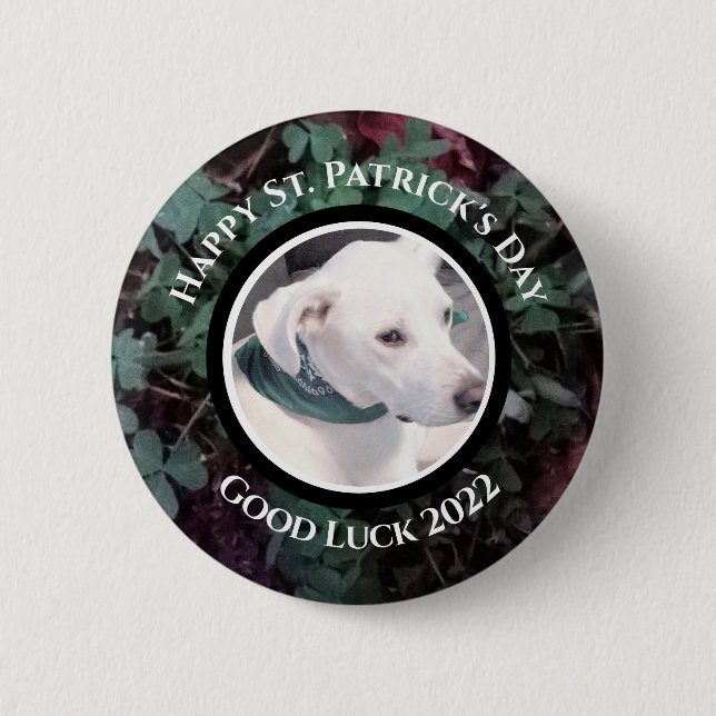 Photo of Cute White Dog Green Shamrocks Clovers 2 Inch Round Button (Front)