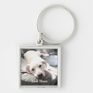 Photo of Cute White Dog Hanging Out with Dad Keychain