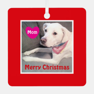 Photo of Cute White Dog Merry Christmas Red Mom Metal Ornament