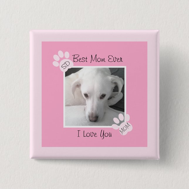 Photo of Cute White Dog Monogram Pink Paws  2 Inch Square Button (Front)