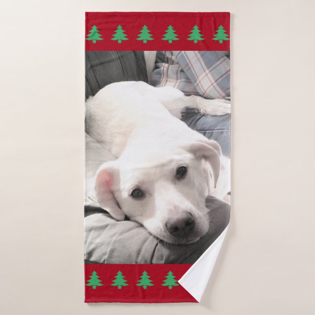 Photo of Cute White Dog Red Christmas Trees Bath Towel (Bath Towel)