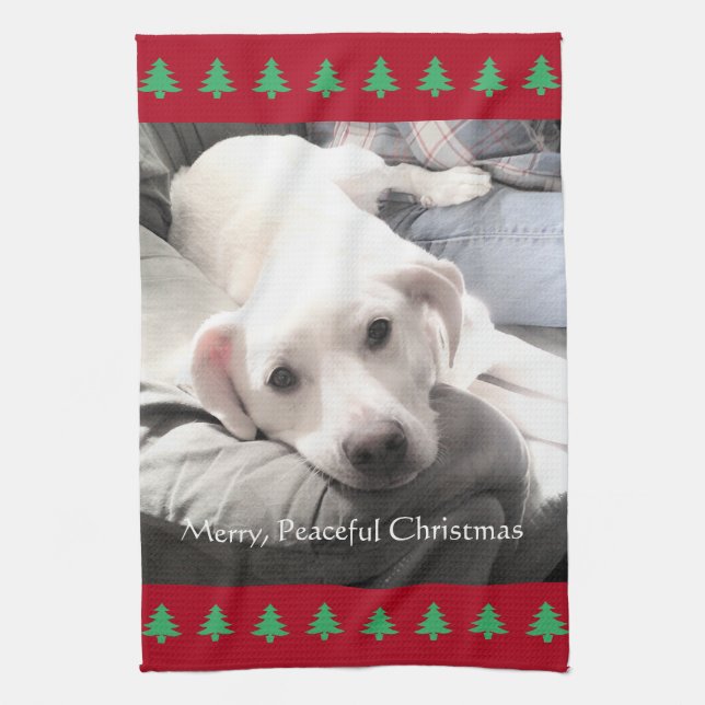 Photo of Cute White Dog Red Christmas Trees Kitchen Towel (Vertical)