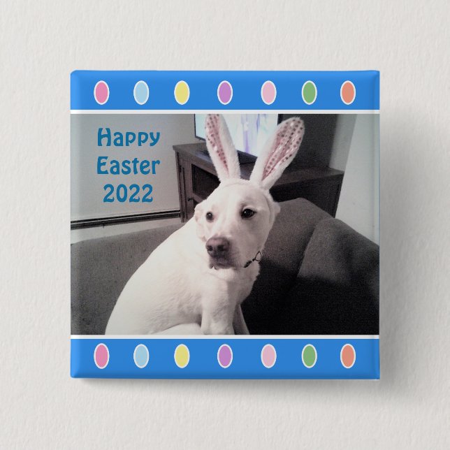 Photo of Cute White Dog Wearing Easter Bunny Ears 2 Inch Square Button (Front)