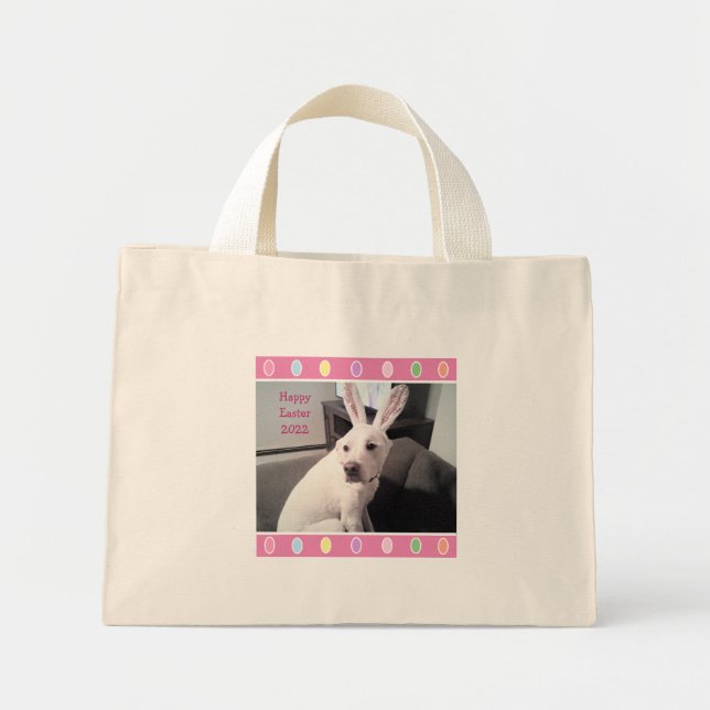 Photo of Cute White Dog Wearing Easter Bunny Ears Mini Tote Bag (Front)