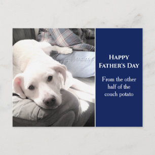 Photo of Cute White Dog With Best Friend Dad Blue Postcard