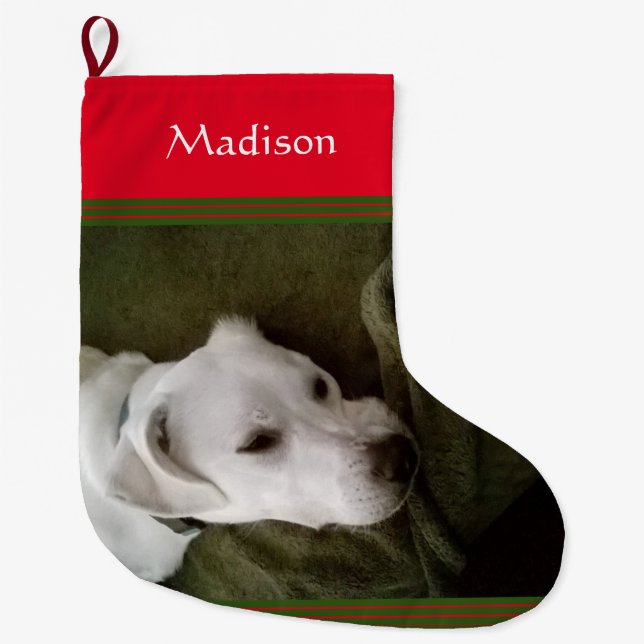 Photo of Cute White Labrador Mix Dog Large Christm Large Christmas Stocking (Front)