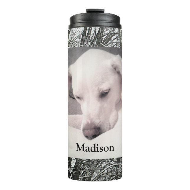 Photo of Cute White Lazy Dog Winter Snow Day Therm Thermal Tumbler (Front)