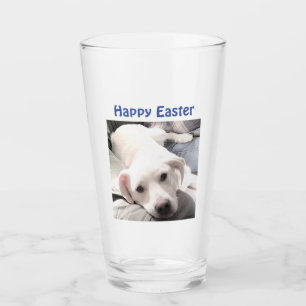 Photo of Cute White Puppy Dog Easter Gift Blue Glass
