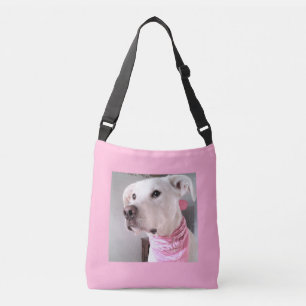 Photo of Cute White Puppy Dog Wearing Pink Scarf Crossbody Bag
