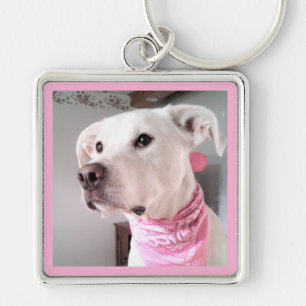 Photo of Cute White Puppy Dog Wearing Pink Scarf Keychain