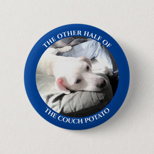Photo of Cute White Puppy Dog With Dad Blue 2 Inch Round Button