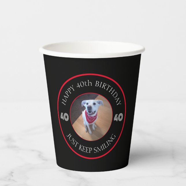 Photo of Dog Grinning Birthday 40 Black and Red Paper Cups (Front)