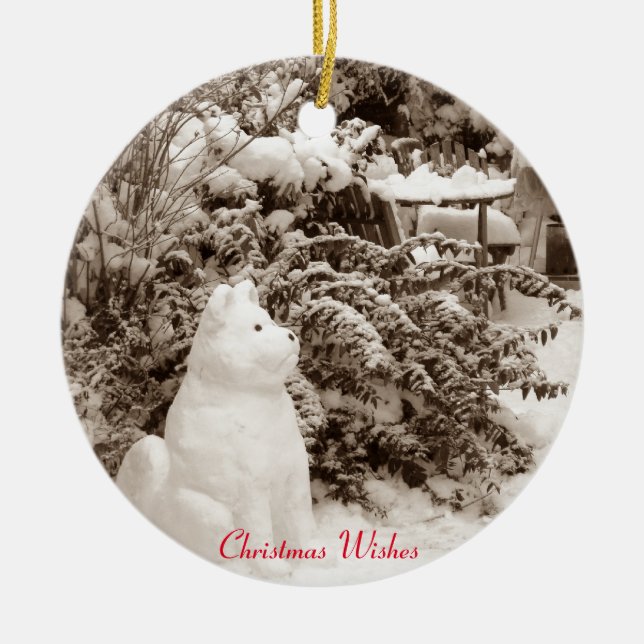 photo of funny akita snow dog snow scene ceramic ornament (Front)