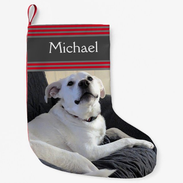 Photo of Funny Dog Talking Red Striped Small Christmas Stocking (Front)