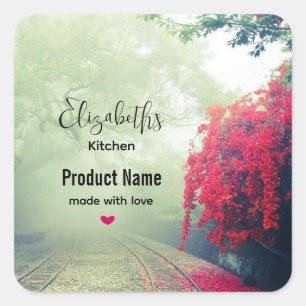 Photo of Misty Train Tracks & Red Tree - Kitchen Square Sticker