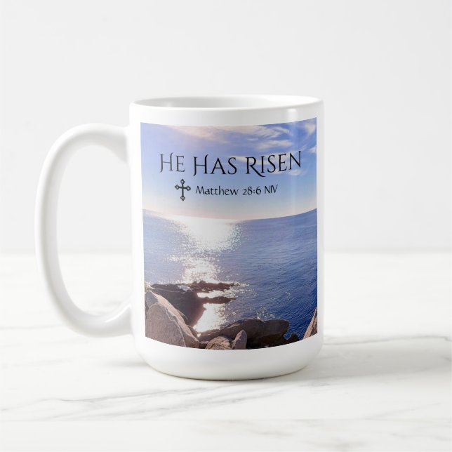Photo of Ocean Christ has Risen Bible Verse Easter Coffee Mug (Left)