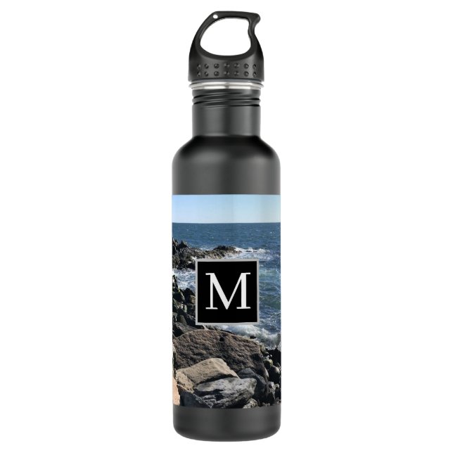 Photo of Ocean Waves and Rocks Initial Black 710 Ml Water Bottle (Front)