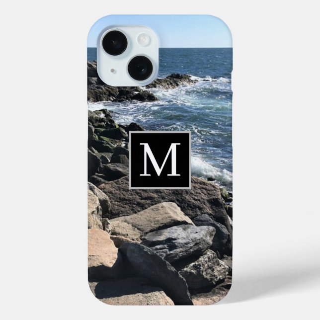 Photo of Ocean Waves and Rocks Initial Black Case-Mate iPhone Case (Back)