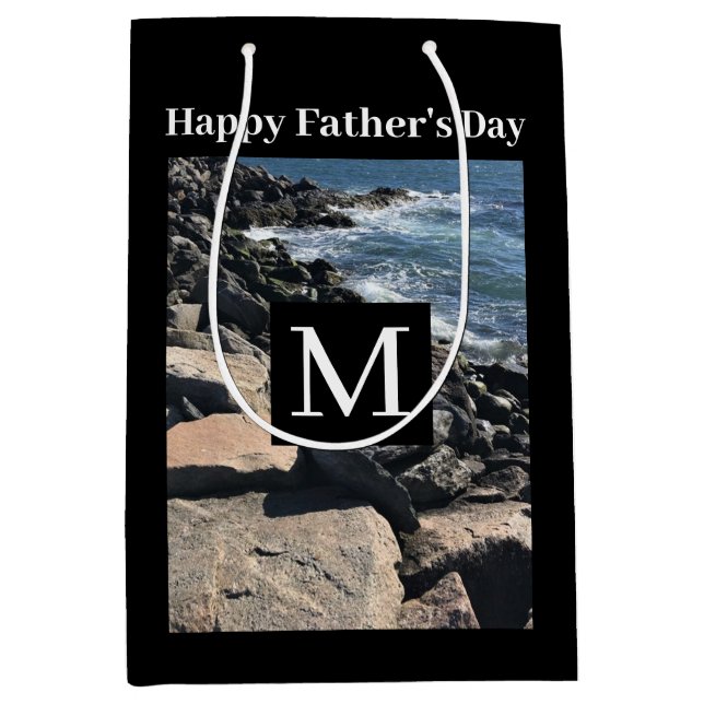 Photo of Ocean Waves and Rocks Initial Black Medium Gift Bag (Front)