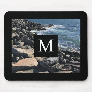 Photo of Ocean Waves and Rocks Initial Black Mouse Pad