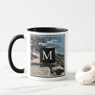 Photo of Ocean Waves and Rocks Initial Black Mug