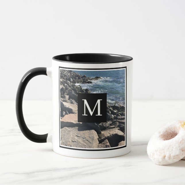 Photo of Ocean Waves and Rocks Initial Black Mug (With Donut)